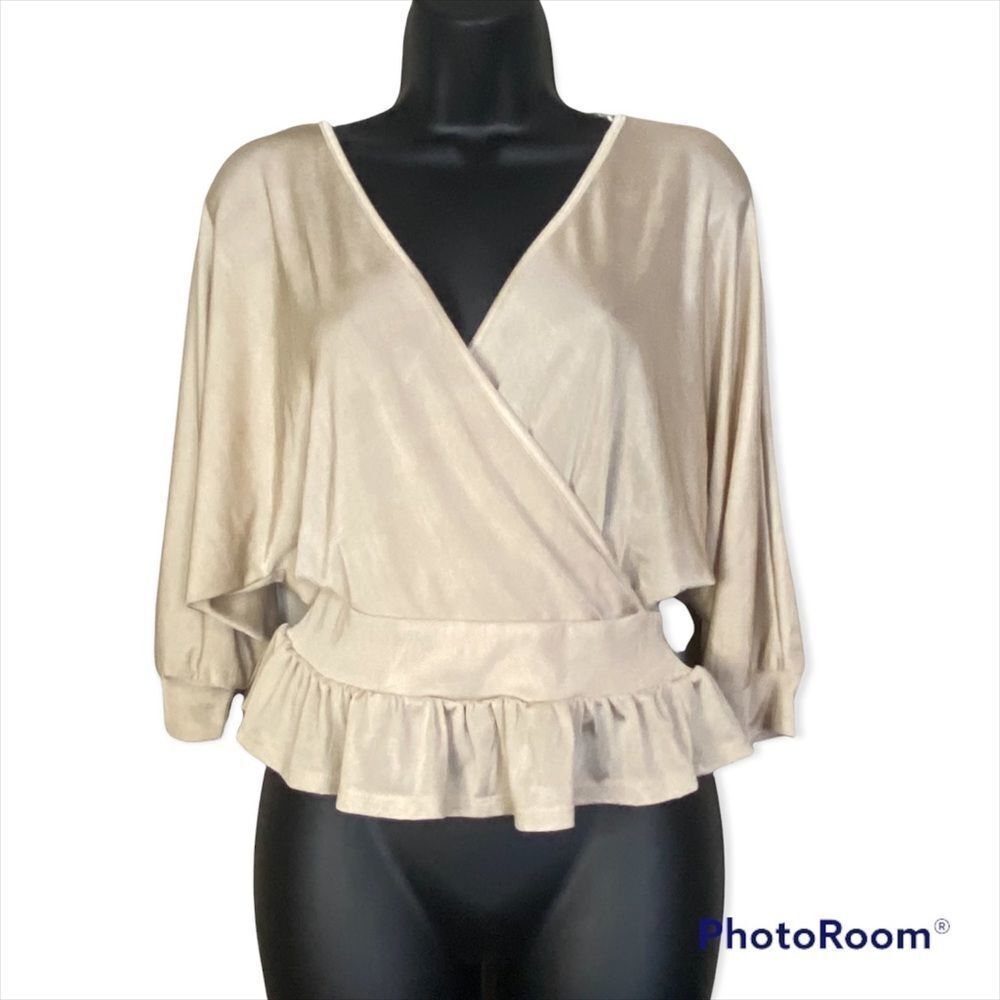 MERAKI Beige Deep V Neck Wrap Scrunched Ruffled Waist 3/4 Sleeve Blouse
